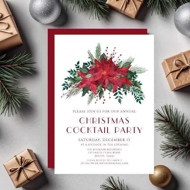 Red Floral Poinsettia Christmas Cocktail Party Invitation (Red Floral Poinsettia Christmas Cocktail Party Invitation)