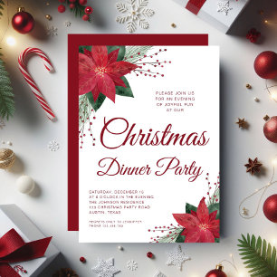 Red Floral Poinsettia Christmas Dinner Party Invitation