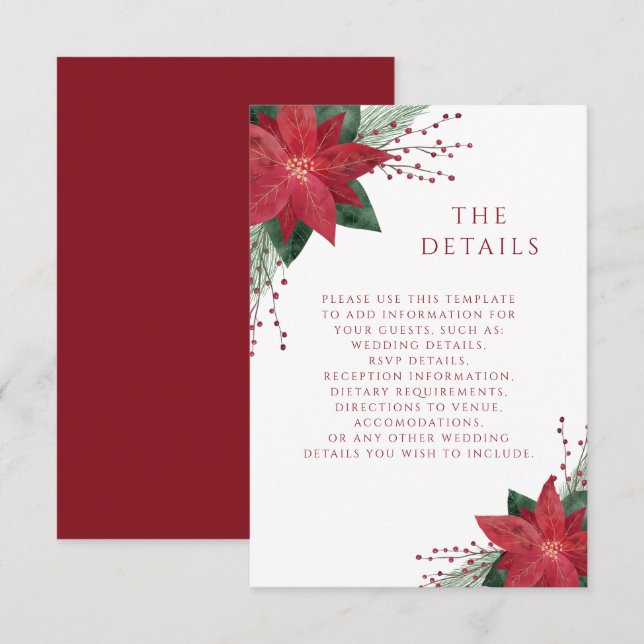 Red Floral Poinsettia Christmas Wedding Details Enclosure Card (Front/Back)