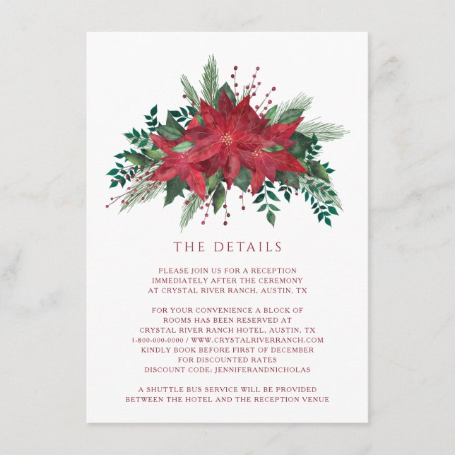 Red Floral Poinsettia Christmas Wedding Details Enclosure Card (Front)