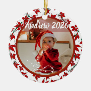 Red Floral pointsettia baby first Christmas Photo Ceramic Tree Decoration