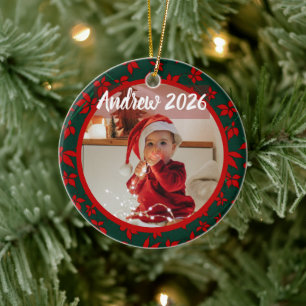 Red Floral pointsettia baby first Christmas Photo Ceramic Tree Decoration
