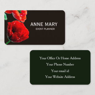 Red Floral Poppy Flower Event Planner Custom Black Business Card