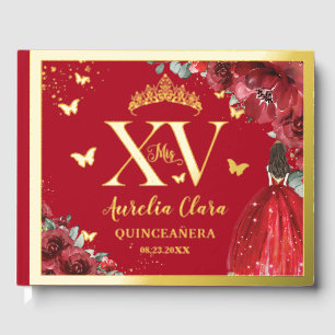 Red Floral Princess Dress Quinceañera Quince Gold Guest Book