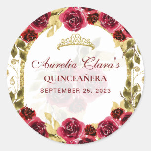 Red Floral Princess Gold Arch Quinceanera Classic Round Sticker