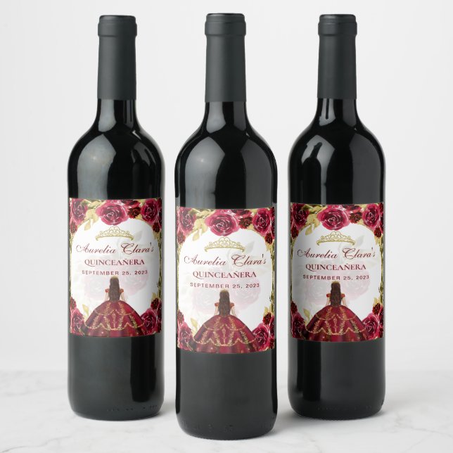 Red Floral Princess Gold Arch Quinceanera  Wine Label (Bottles)