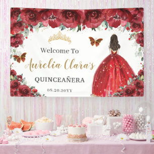 Red Floral Princess Gold Quinceañera Backdrop  Banner