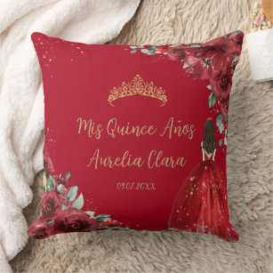 Red Floral Princess Gold Quinceañera Keepsake Cushion