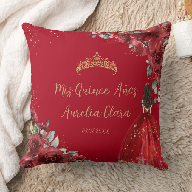 Red Floral Princess Gold Quinceañera Keepsake Cushion (Blanket)