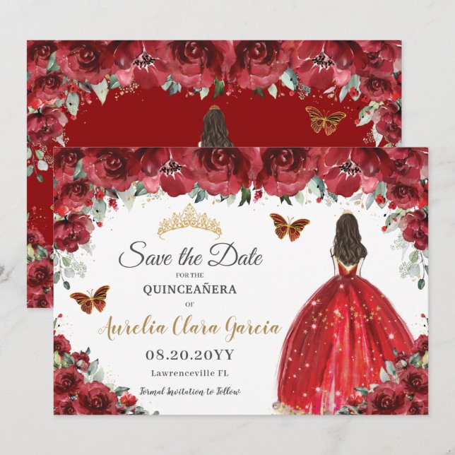 Red Floral Princess Gold Quinceañera Save the Date (Front/Back)