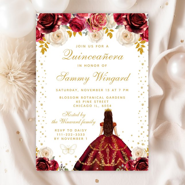 Red Floral Princess Quinceañera Invitation (Creator Uploaded)