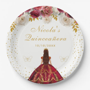 Red Floral Princess Quinceañera Paper Plate