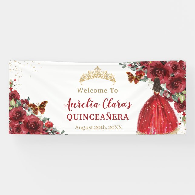 Red Floral Princess Quinceañera Welcome Backdrop Banner (Horizontal)