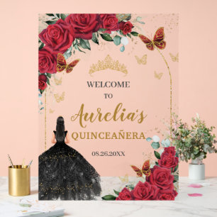 Red Floral Quinceañera Black Dress Butterflies Acrylic Sign