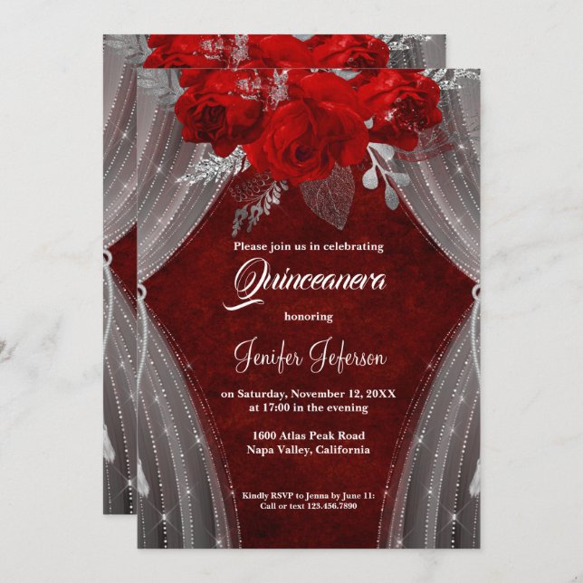 Red floral Quinceanera Invitation (Front/Back)