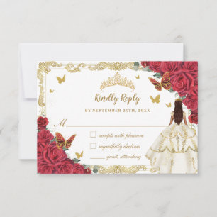 Red Floral Quinceañera Ivory White Dress Princess  RSVP Card