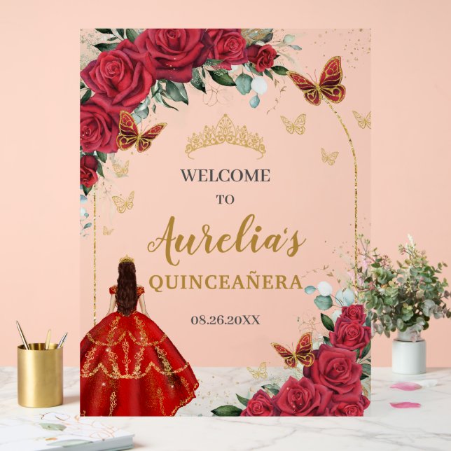 Red Floral Quinceañera Princess Gold Butterflies Acrylic Sign (Wedding)