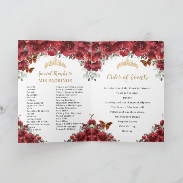 Red Floral Quinceanera Princess Padrinos Events  Programme (Inside)
