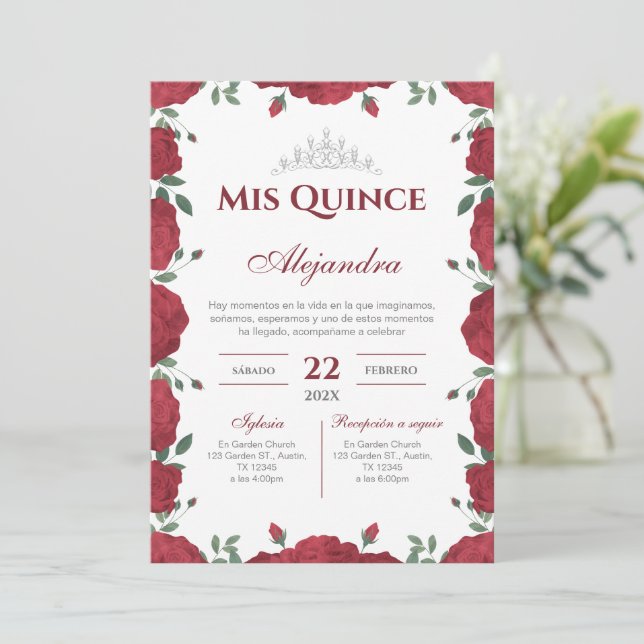 Red Floral Quinceañera Spanish Invitation (Standing Front)