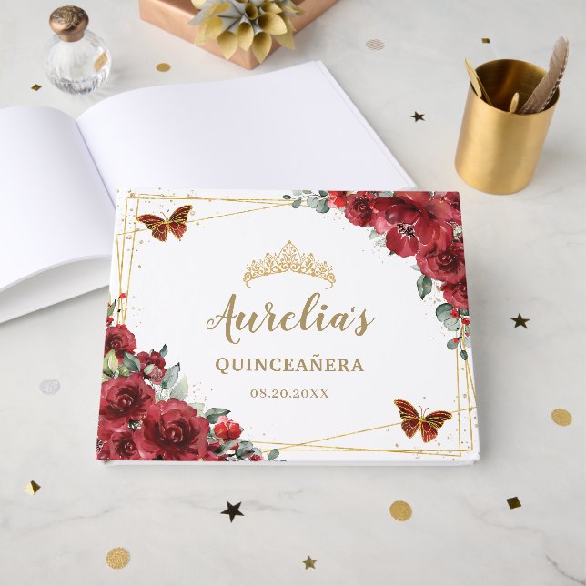 Red Floral Quinceanera Sweet 16 Gold Butterflies Guest Book (Front Open)