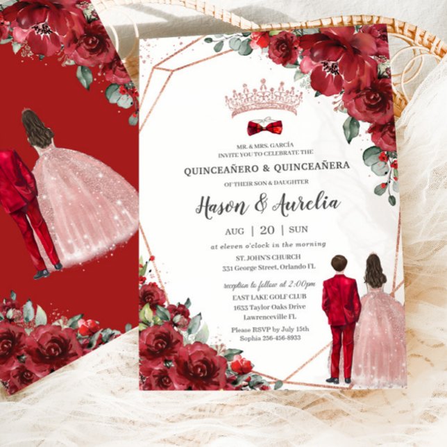 Red Floral Rose Gold Twins Boy Girl Quinceañera Invitation (Creator Uploaded)