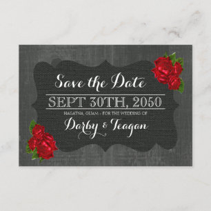 Red Floral Roses Burlap Wood Gothic Save the Dates Date