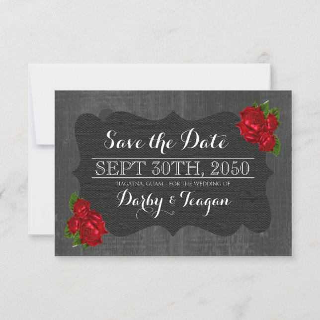 Red Floral Roses Burlap Wood Gothic Save the Dates Date (Front)