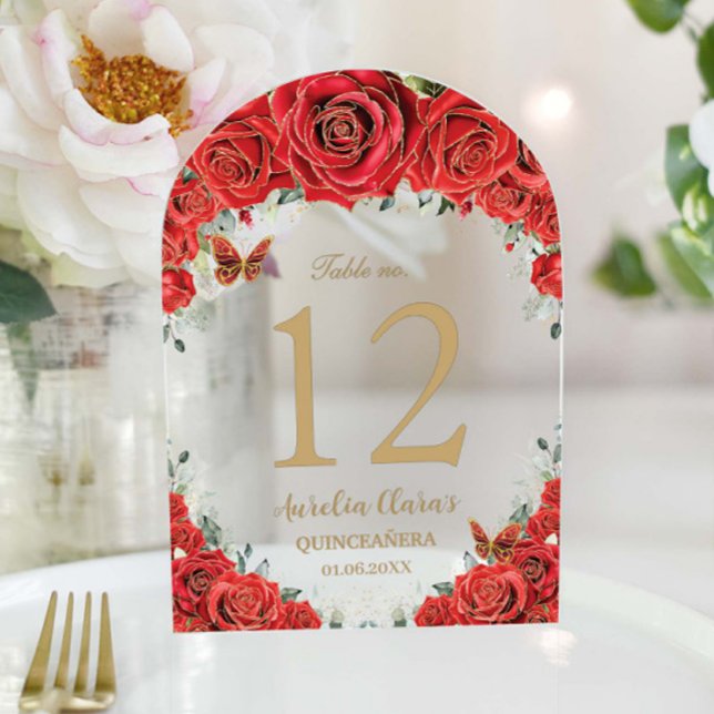 Red Floral Roses Gold Quinceañera 16 Table Number (Creator Uploaded)