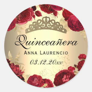 Red Floral Roses Gold Quinceanera Classic Round Sticker