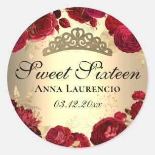 Red Floral Roses Gold Sweet Sixteen Classic Round Sticker