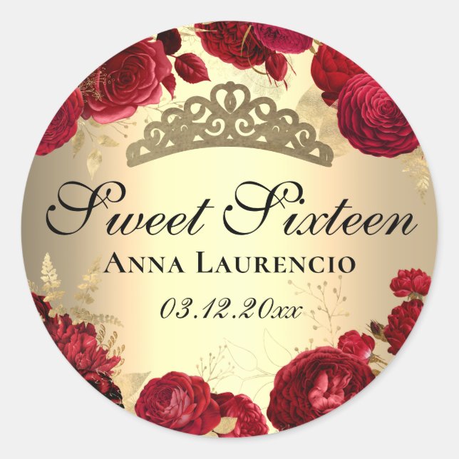 Red Floral Roses Gold Sweet Sixteen Classic Round Sticker (Front)