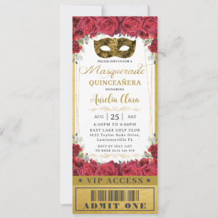 Red Floral Roses Quinceañera Masquerade VIP Ticket Invitation