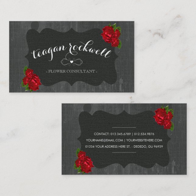 Red Floral Roses Wood Gothic Business Card (Front/Back)