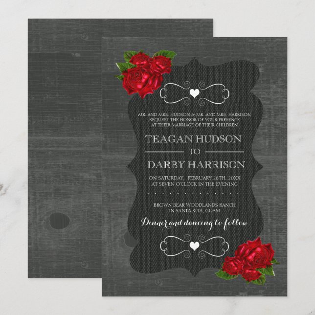 Red Floral Roses Wood Gothic Wedding Invites (Front/Back)