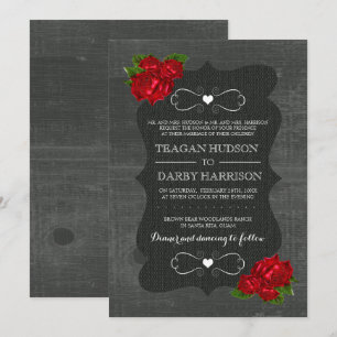 Red Floral Roses Wood Gothic Wedding Invites