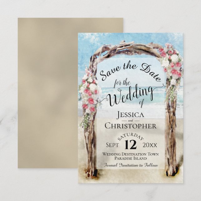 Red Floral Rustic Driftwood Beach Arbor Wedding Save The Date (Front/Back)