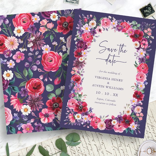 Red Floral Save The Date (Navy Blue Red Watercolor  Floral Save The Date Card by Painted Paperie
)