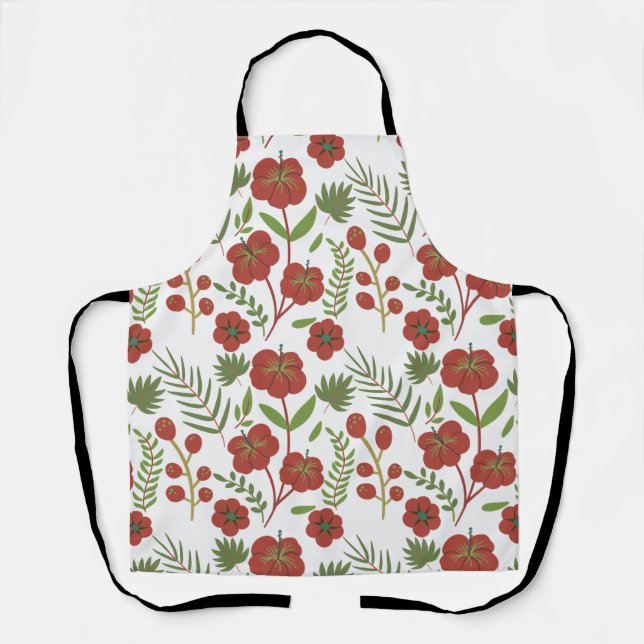 Red floral seamless pattern on white background apron (Front)