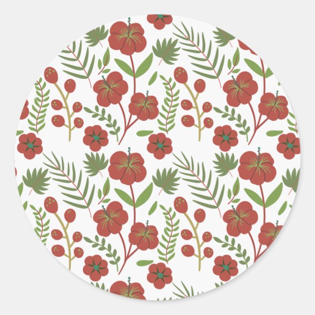 Red floral seamless pattern on white background classic round sticker (Front)