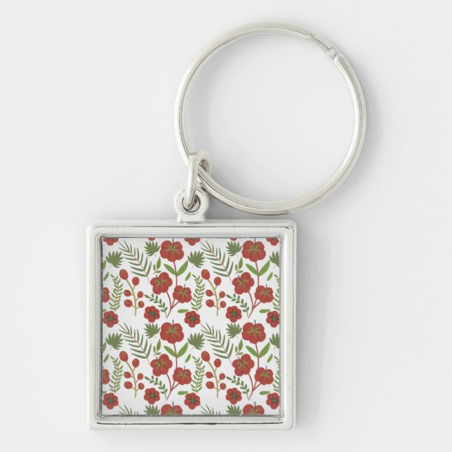 Red floral seamless pattern on white background key ring (Front)