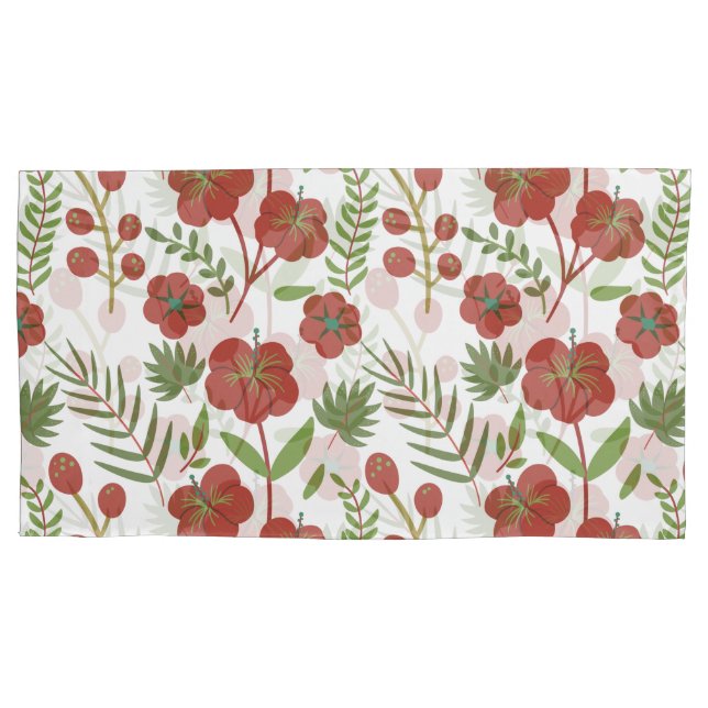 Red floral seamless pattern on white background pillowcase (Front-Left)