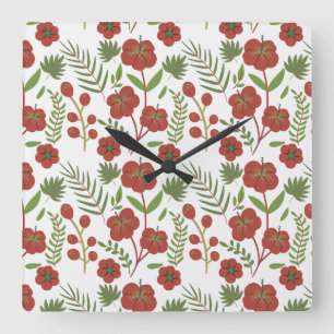 Red floral seamless pattern on white background square wall clock