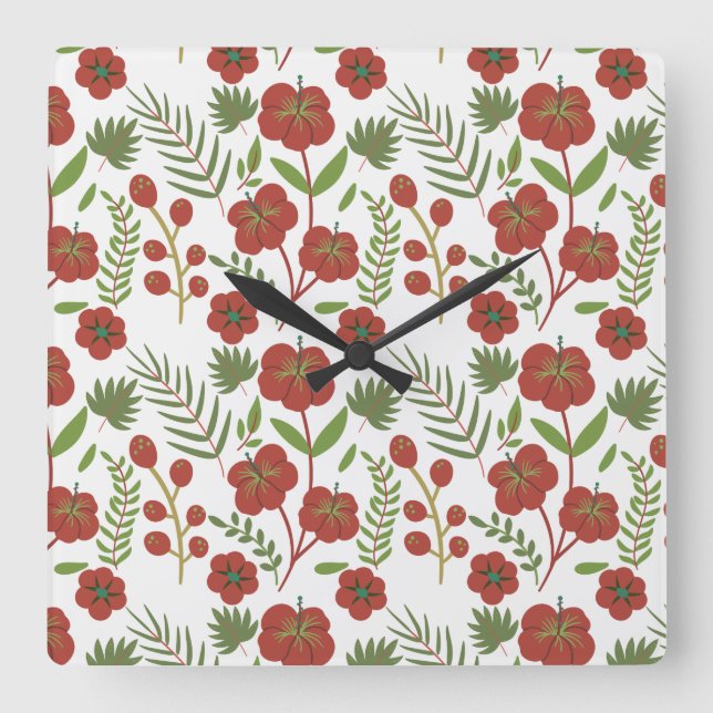 Red floral seamless pattern on white background square wall clock (Front)