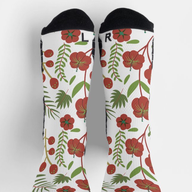 Red floral seamless pattern on white background wr socks (Top)