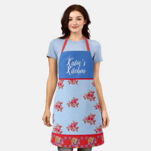 Red Floral Shabby Chic Blue Gingham Customisable Apron