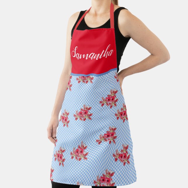 Red Floral Shabby Chic Blue Gingham Lily Kitchen Apron (Insitu)