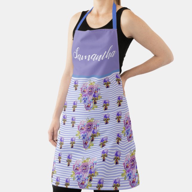 Red Floral Shabby Chic Blue Pink Dot Pansy Viola   Apron (Insitu)