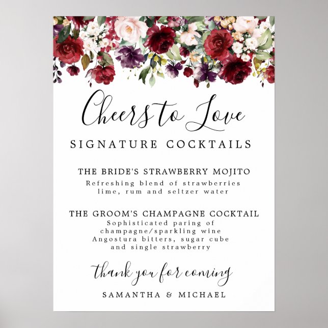 Red Floral Signature Cocktails Wedding Bar Sign (Front)