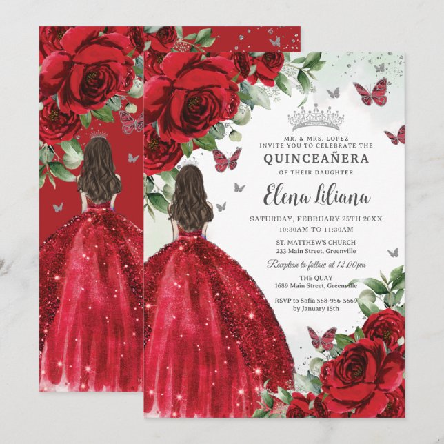 Red Floral Silver Butterflies Quinceañera Sweet 16 Invitation (Front/Back)