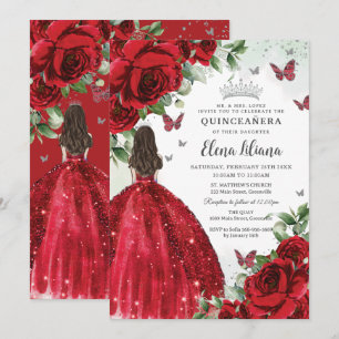 Red Floral Silver Butterflies Quinceañera Sweet 16 Invitation
